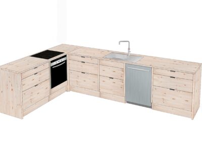 Kitchen with corner module with 3 sections of draws with grip hole. Wood type: Pine
