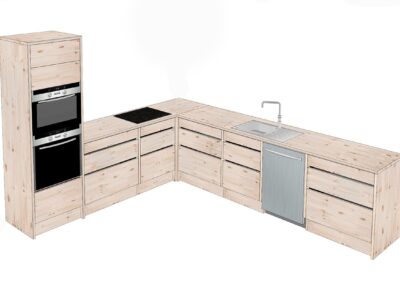 Kuchnia z modułem narożnym z szafką wysoką i 3 segmentami szuflad z przestrzeniami. Rodzaj drewna: sosna