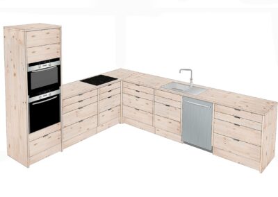 Kitchen with corner module with high cabinet and 4 sections of draws with grip hole. Wood type: Pine