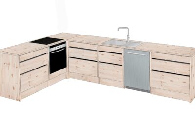 Kuchnia z modułem narożnym z 3 segmentami szuflad rozmieszczonymi w odstępach. Rodzaj drewna: sosna