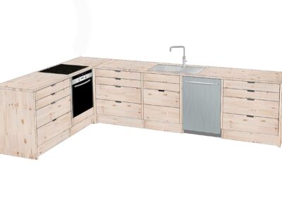 Kitchen with corner module with 4 sections of draws with grip hole. Wood type: Pine