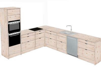 Kitchen with corner module and high cabinet with 3 sections of draws with grip hole. Wood type: Pine