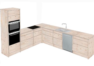 Kitchen with corner module with high cabinet and 3 sections of draws with push-opening. Wood type: Pine